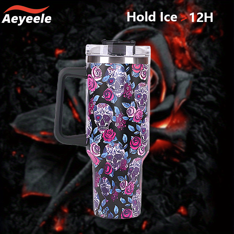Aeyeele 40oz Skull Series Water Bottle Tumbler With Lid And Straw
