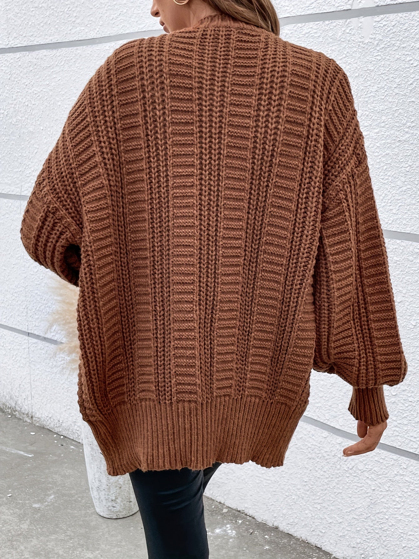  Solid Cable Lantern Sleeve Button Cardigan