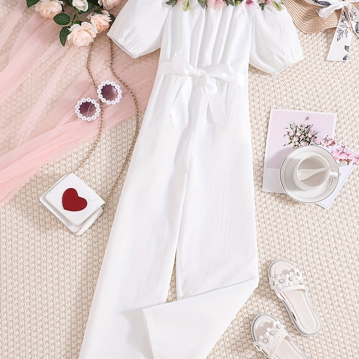 Girls Off Shoulder Summer Jumpsuit for Beach Vacation