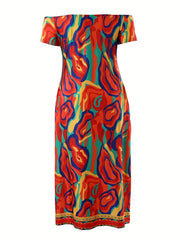 Women's Plus Colorblock Abstract Print Off Shoulder Maxi Dress With Pockets