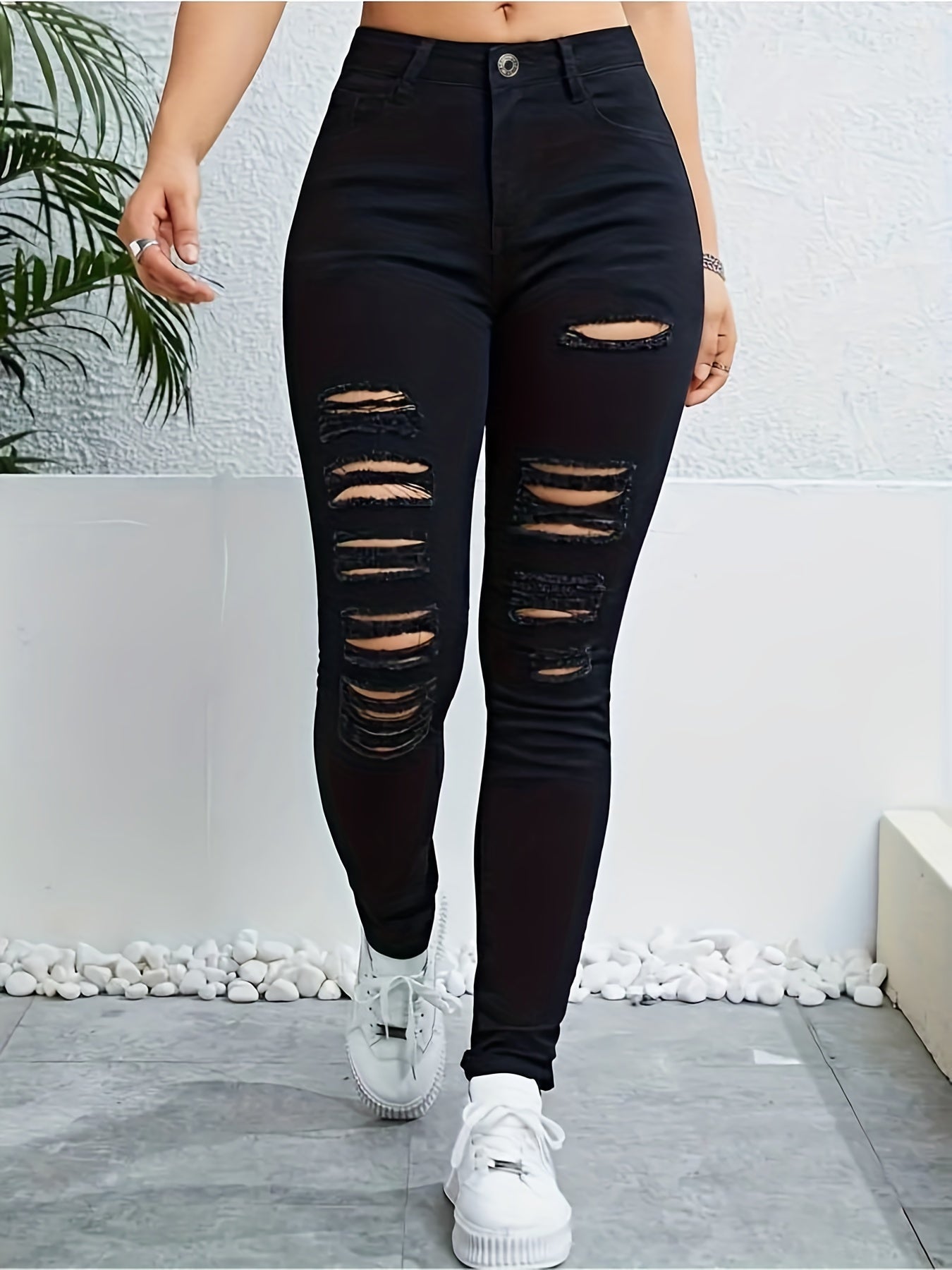 High Stretch Skinny Jeans Distressed Slash Pocket Denim Pants