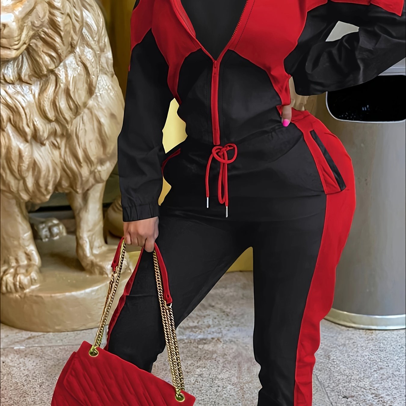  Colorblock Zipper Coat & Drawstring Pants Set