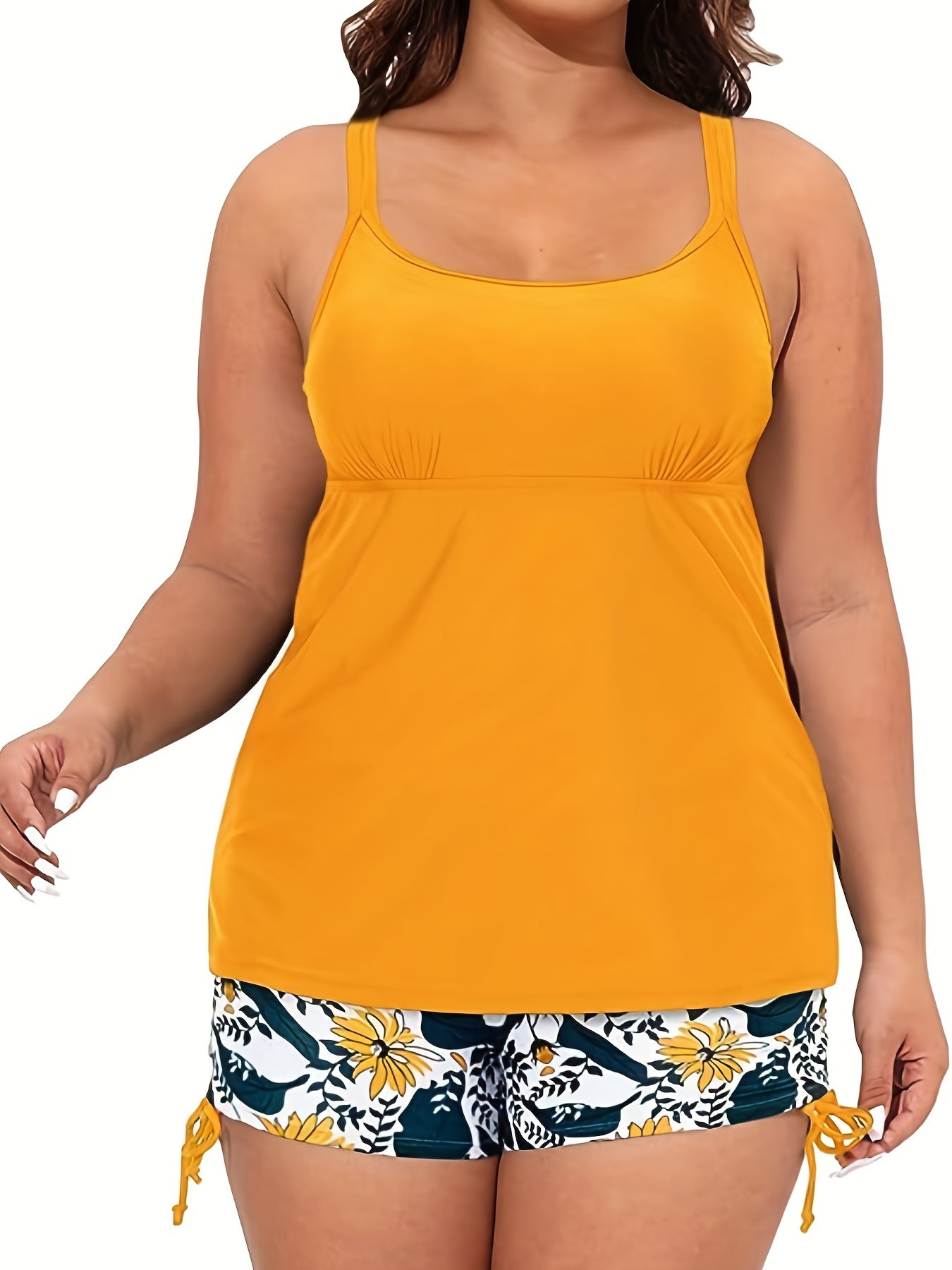  Modest Tankini Set Floral Print Lace Up Shorts Swimsuit 2 Piec