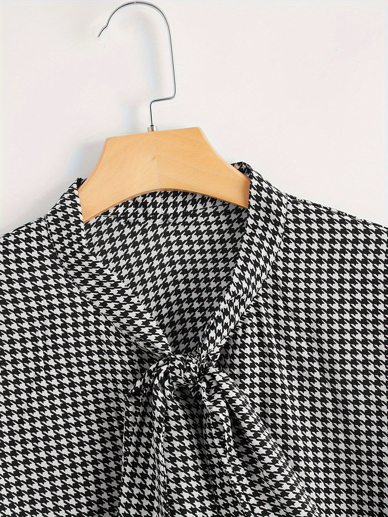  Houndstooth Print Bow Knot Blouse Long Sleeve Top