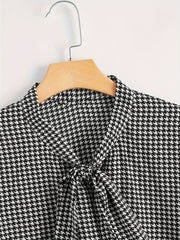  Houndstooth Print Bow Knot Blouse Long Sleeve Top