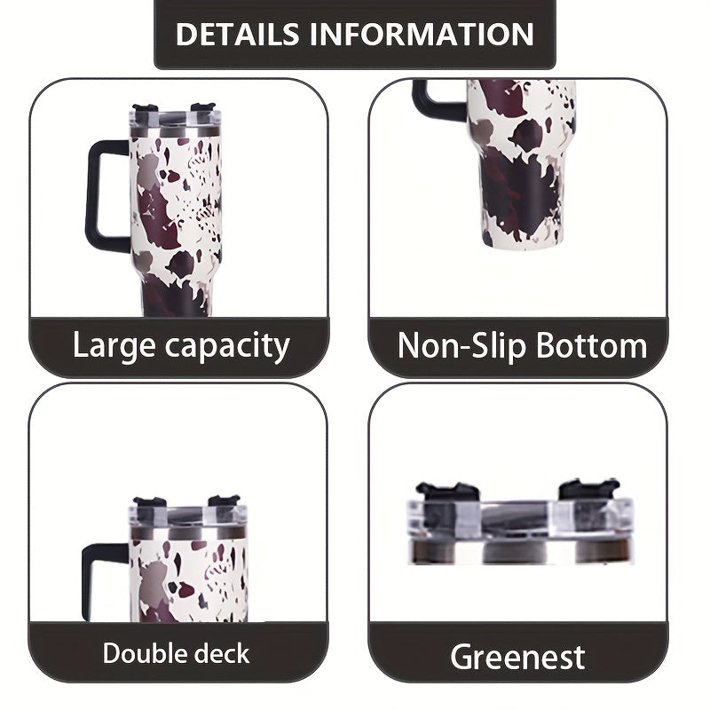 40oz Cow Print Insulated Tumbler with Handle & Straw Lid