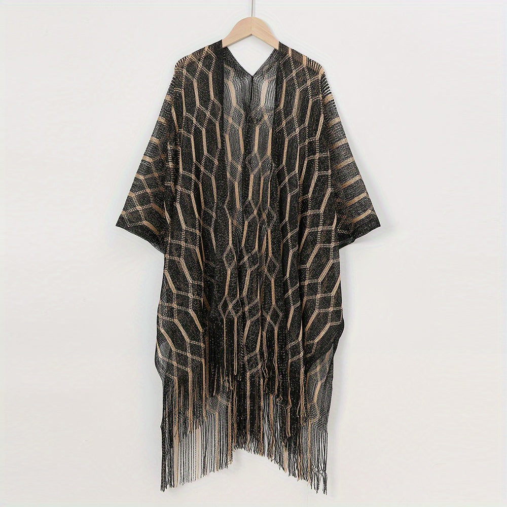 Geometric Striped Print Tassel Shawl Large Wrap Sunscreen Beach Towel