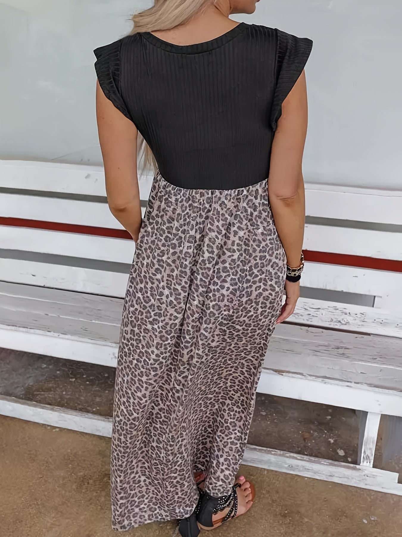  Colorblock Leopard Print Maxi Dress With Pockets