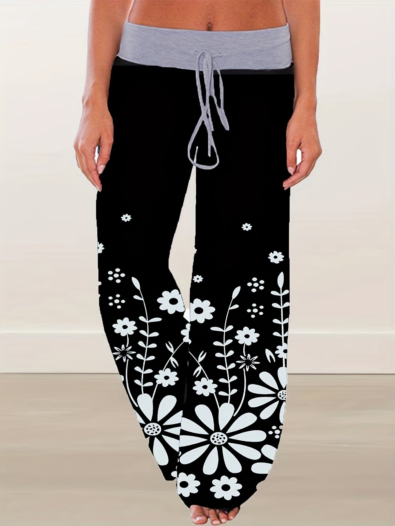 Women's Plus Floral Print High Rise Drawstring Loose Pants