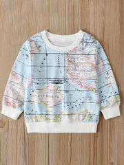 Earth Map Print Boys Casual Pullover Sweatshirt