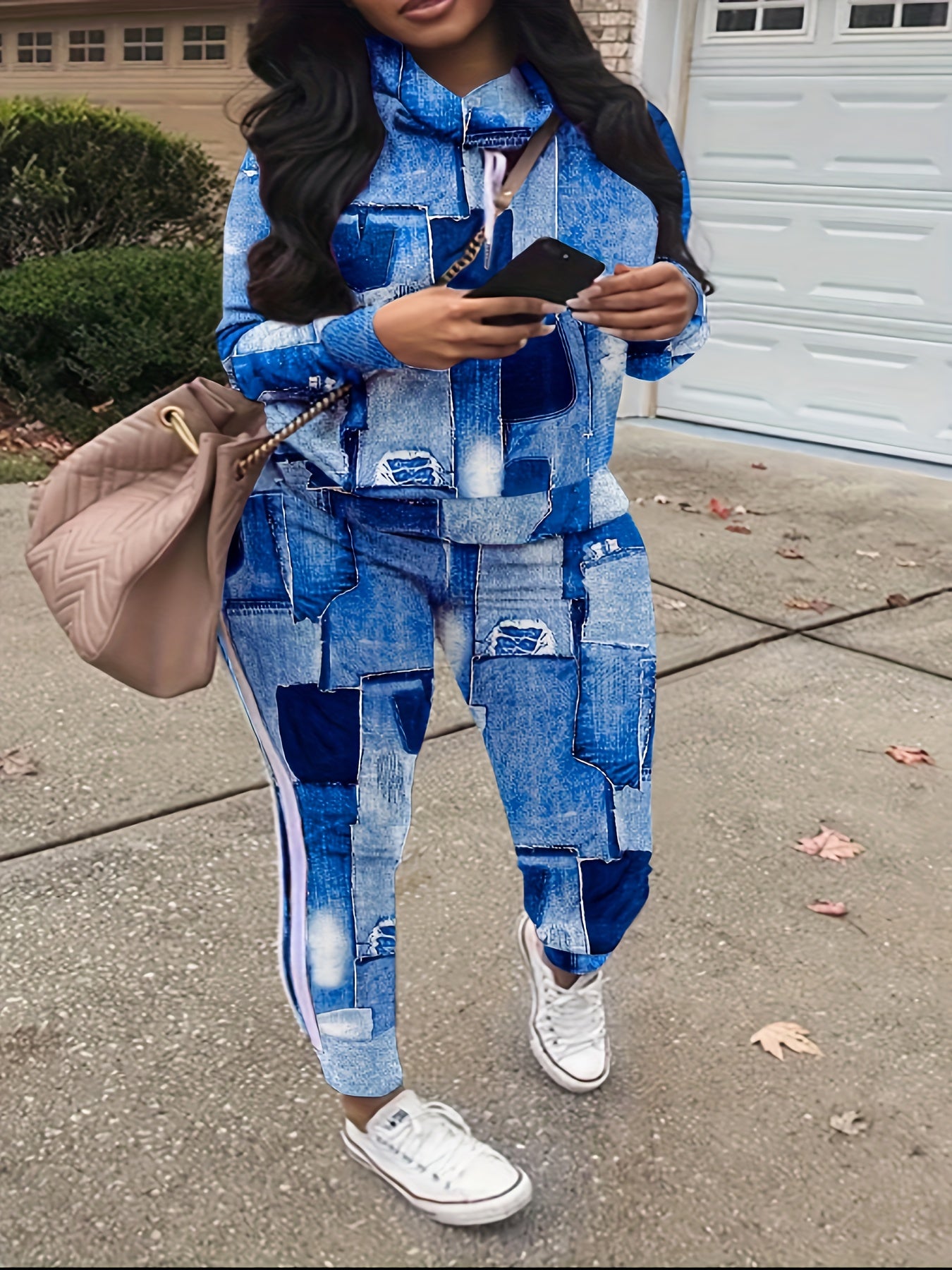  Denim Print Hoodie & Pants Set