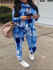 Denim Print Hoodie & Pants Set