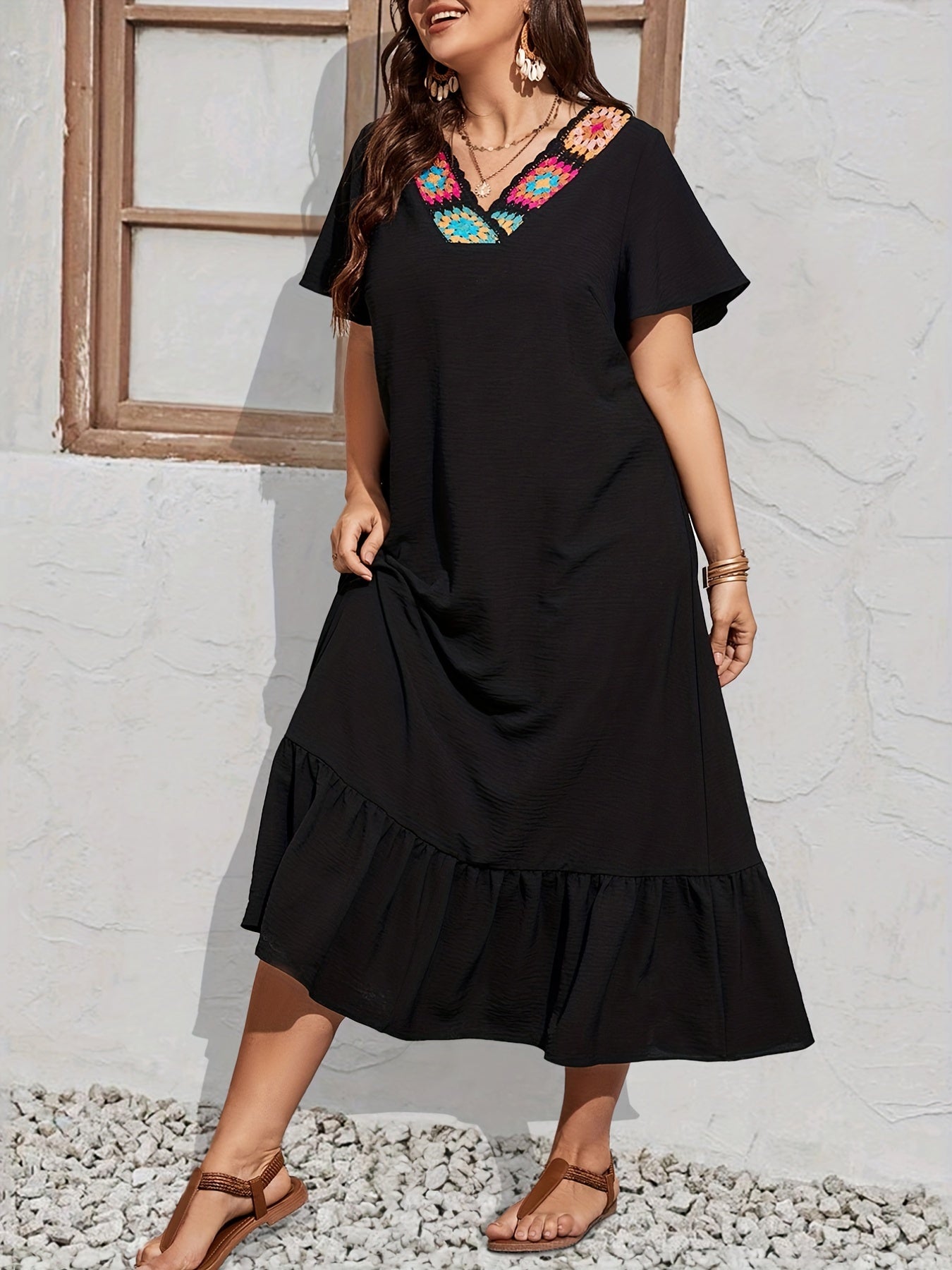  Colorblock Crochet V-Neck Ruffle Dress