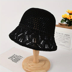 Hollow Knitted Breathable Bucket Hat Solid Sun Hat Women Casual Cloche Hat