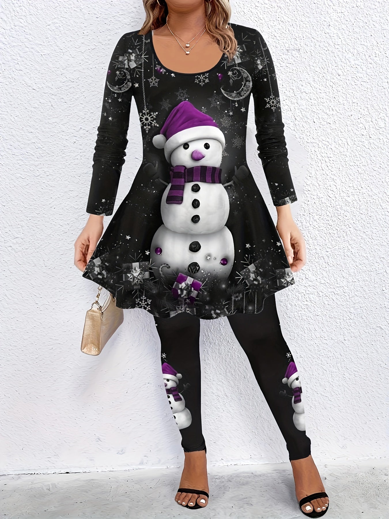 Women's Plus Snowman Print Long Sleeve Top & Pants Outfit Set