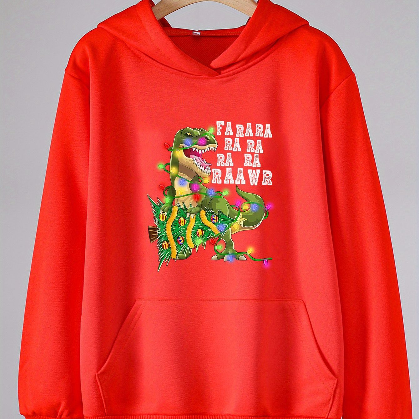 Christmas Dinosaur Print Hoodie For Girls Kids Pullover Hooded Top