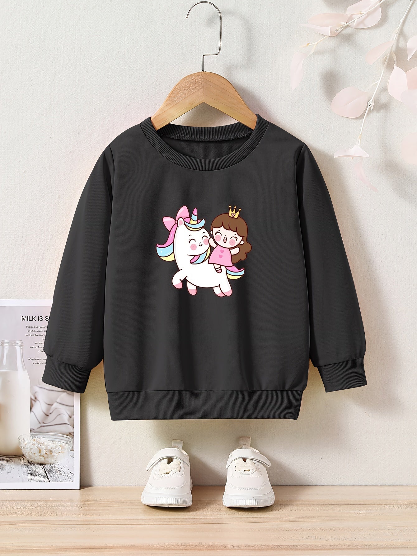 Anime Girl & Unicorn Print Pullover Sweatshirt for Girls