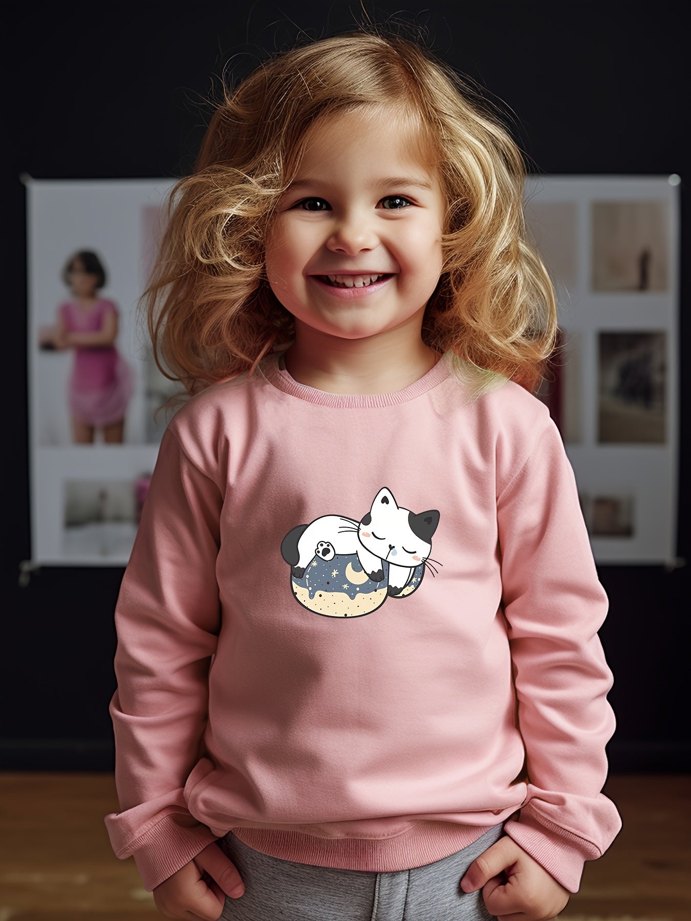 Girls Cat And Rat Pattern Sweatshirt For Spring Fall