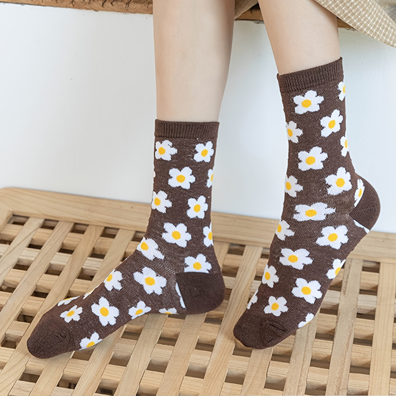 Floral & Plaid Print Socks Retro College Style Women's Stockings