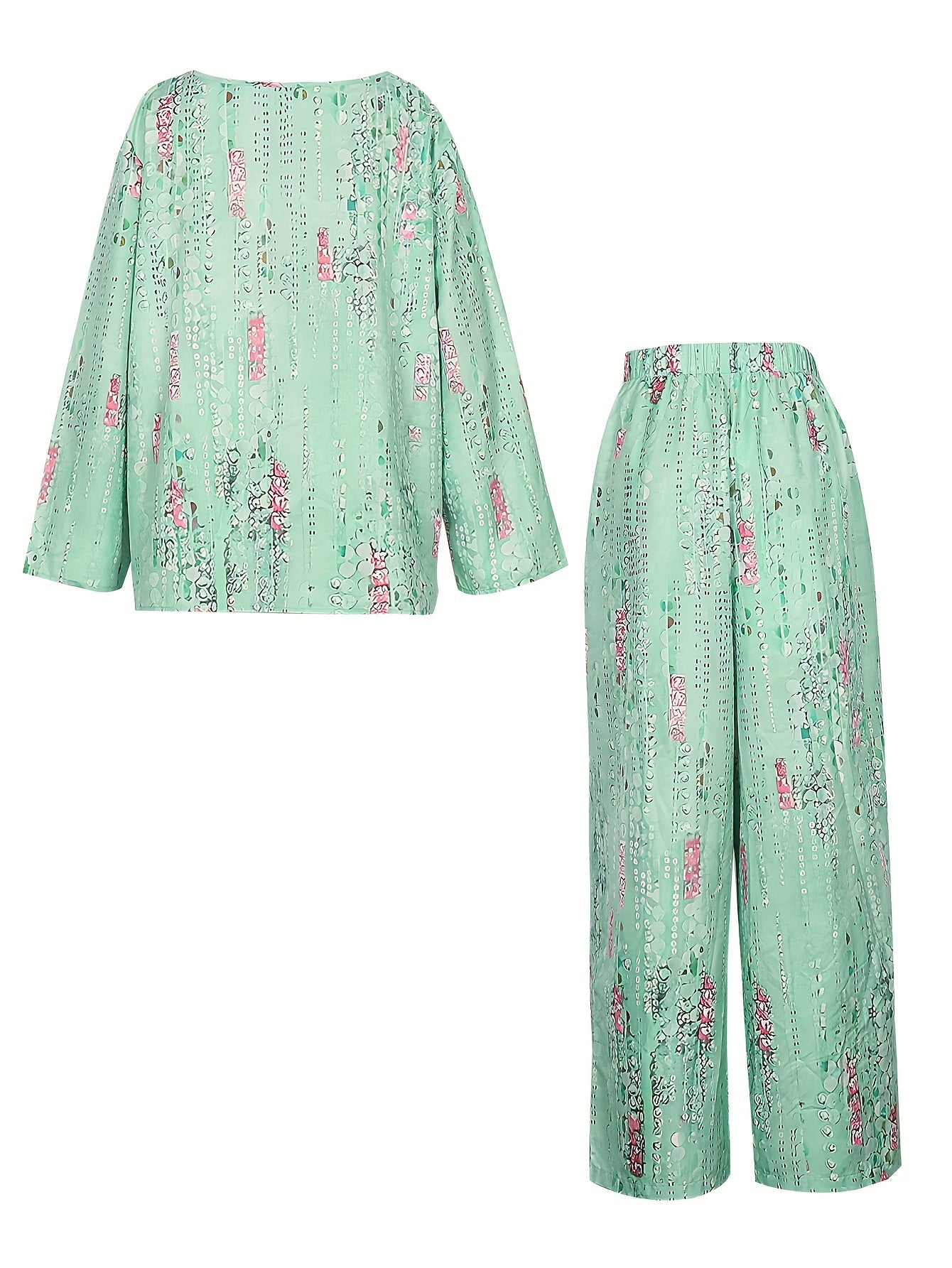 Women's Plus Floral Print Long Sleeve Top & Wide Leg Pants Set