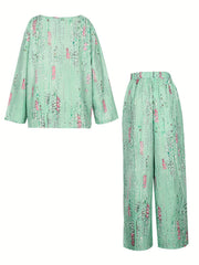 Women's Plus Floral Print Long Sleeve Top & Wide Leg Pants Set