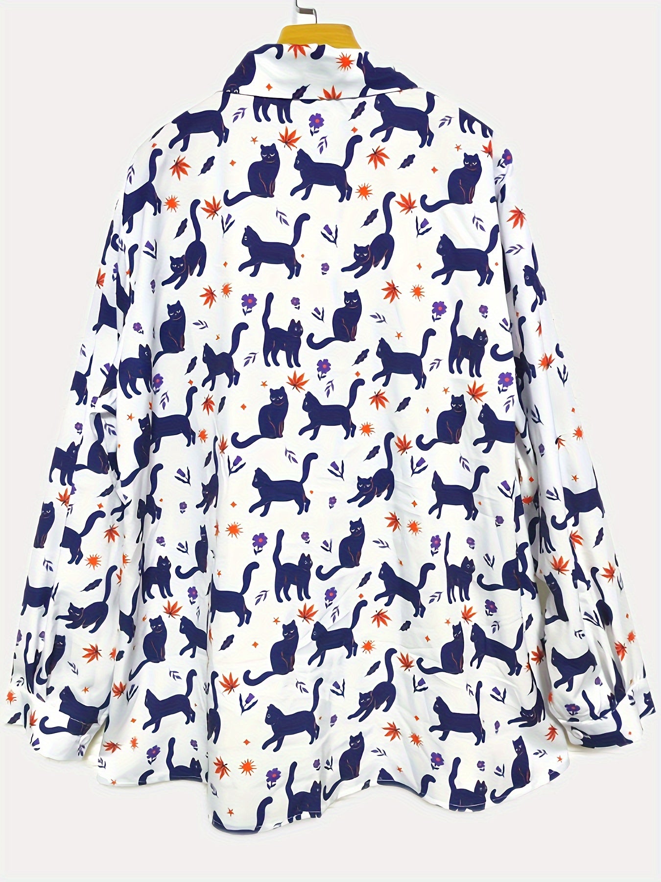  Cat Print Button Up Long Sleeve Collar Blouse