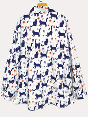  Cat Print Button Up Long Sleeve Collar Blouse