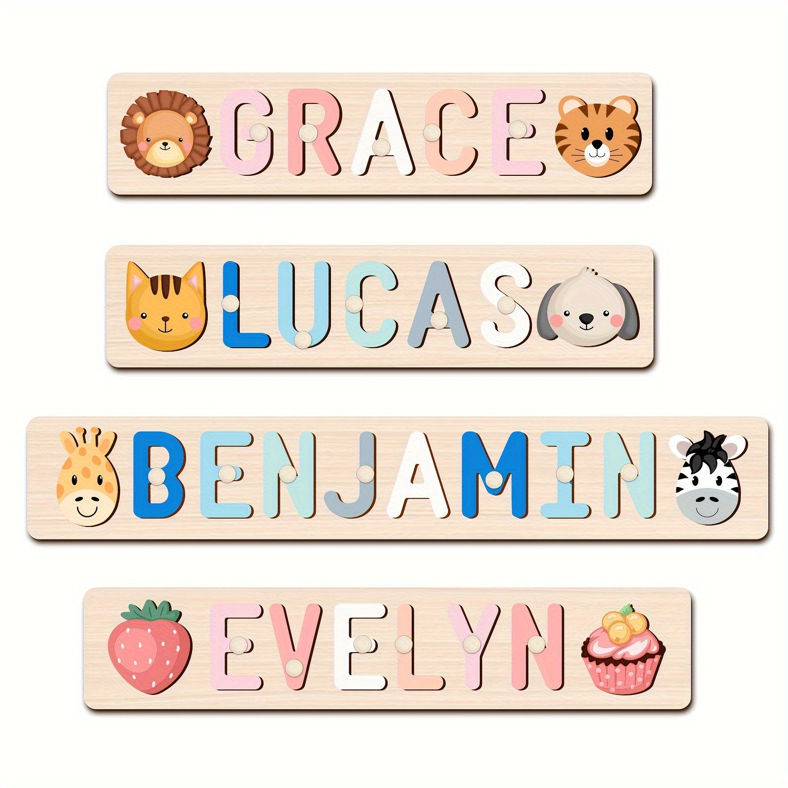 Personalized Wooden Name Puzzle with Animal & Plane Designs