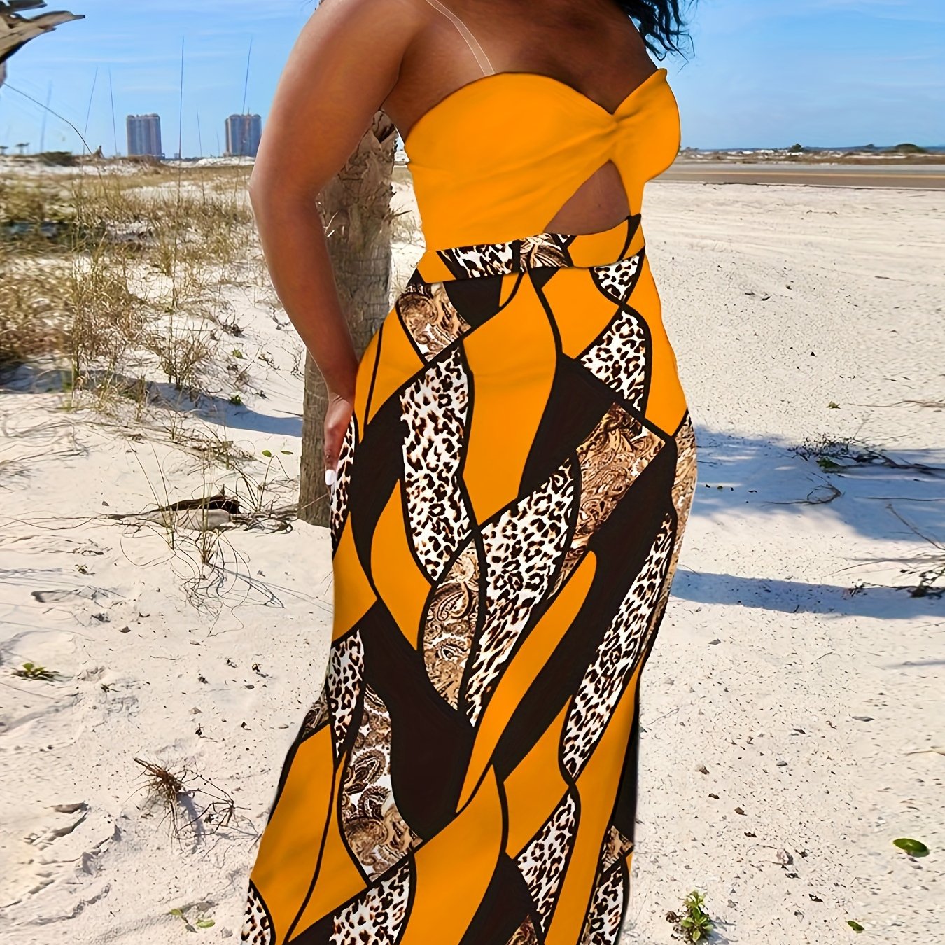  Colorblock Leopard & Paisley Print Tube Dress