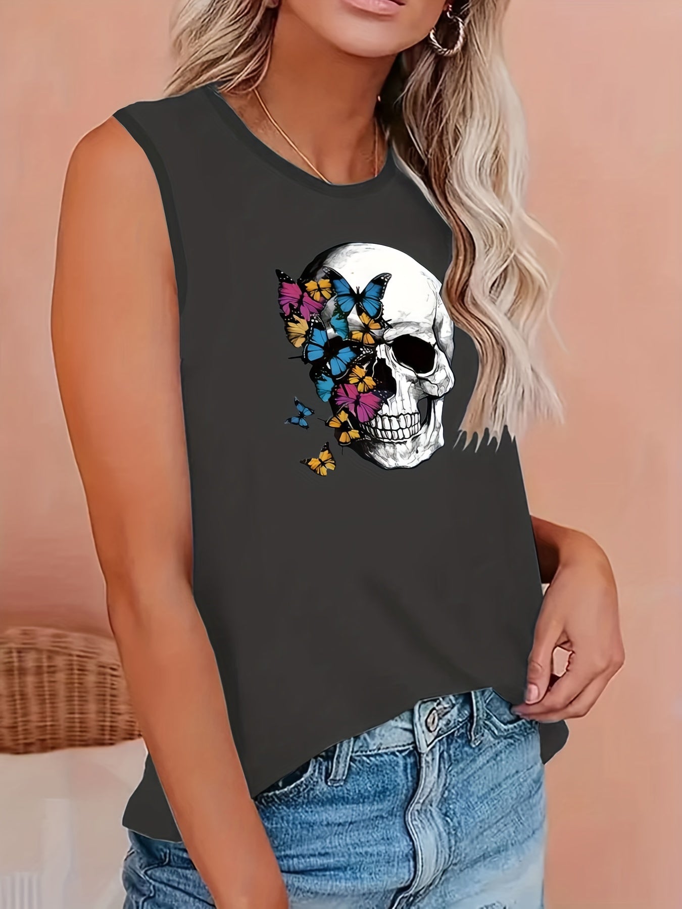  Halloween Floral Skull Butterfly Tank Top