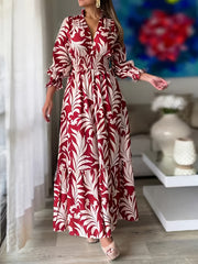 Floral Print Shirred Waist Dress Casual V Neck Long Sleeve