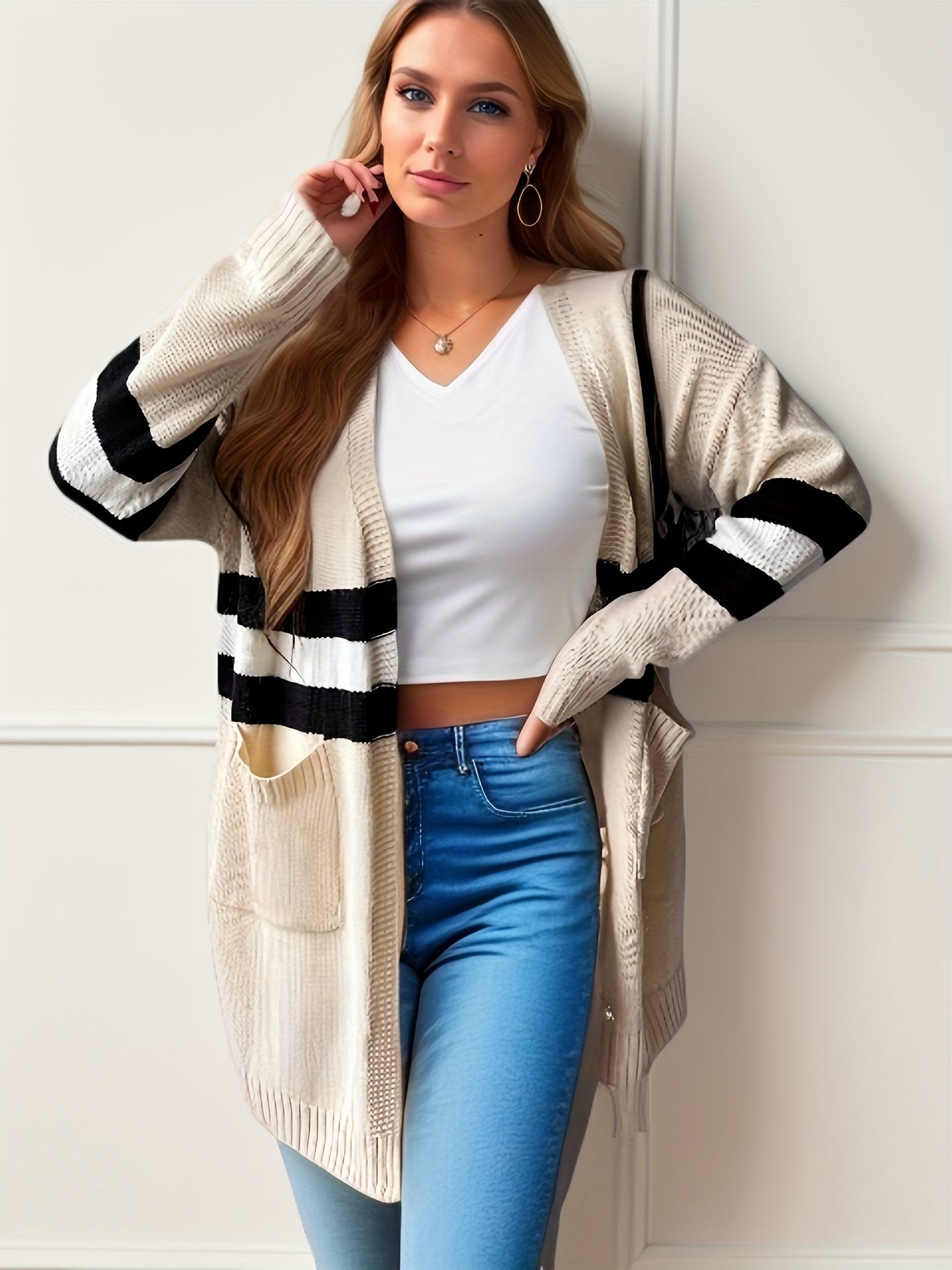  Striped Long Sleeve Open Front Cardigan With Pockets