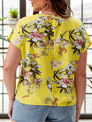  Floral Print Short Sleeve Notched Neck Blouse