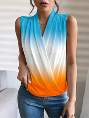 Colorblock Print Ruched Tank Top V Neck Sleeveless Summer Casual Top