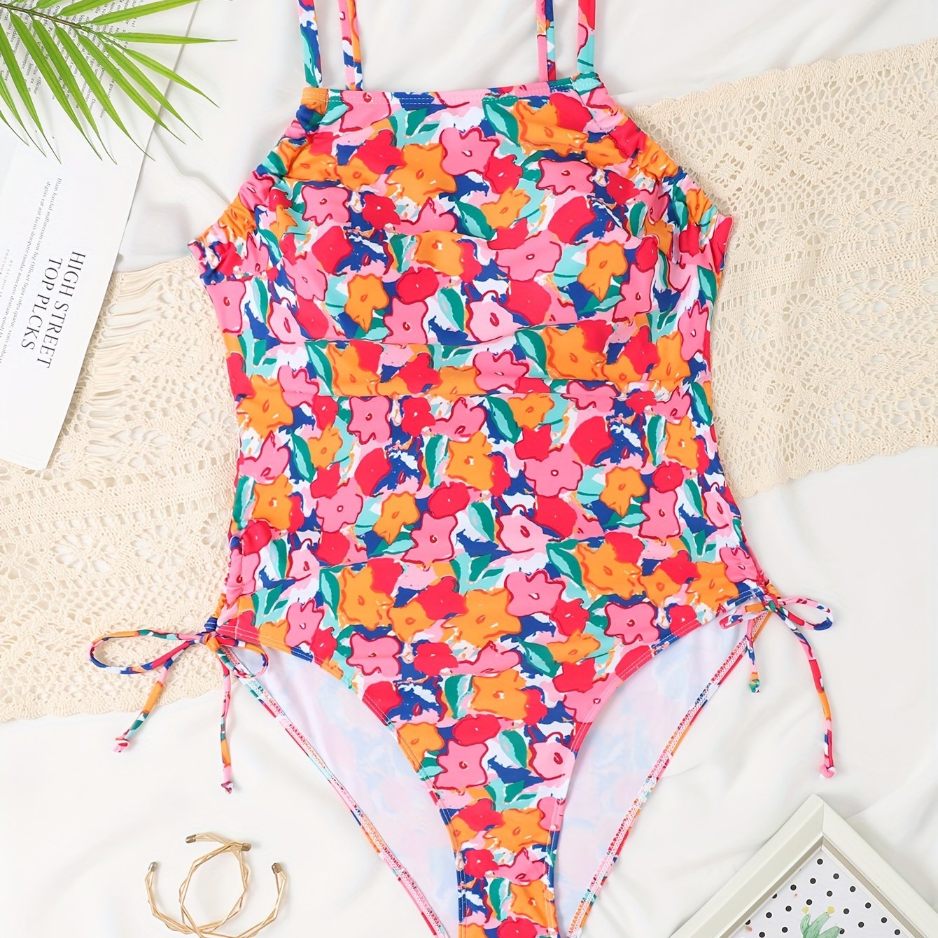  Floral Print Lace Up Side One Piece Bathing Suit