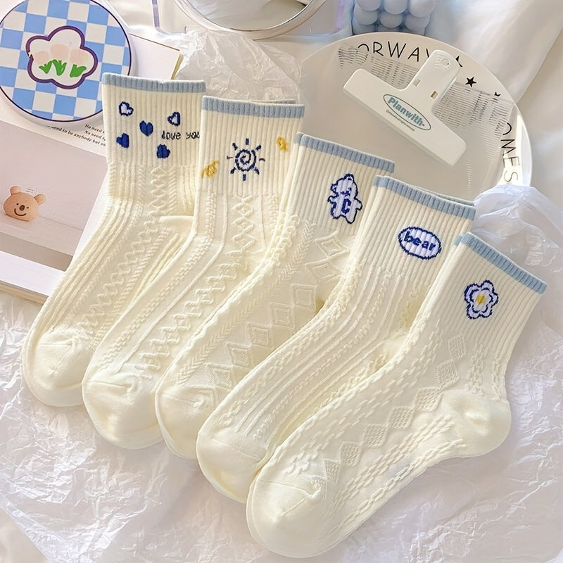 5 Pairs Cartoon Print Socks Comfy & Mid Tube Women's Stockings