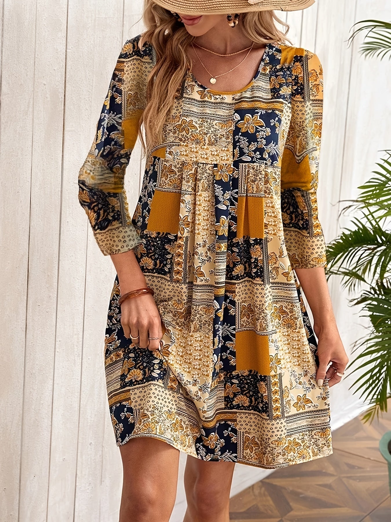  Boho Dress Floral Print Half Sleeve Round Neck Pleated Dress