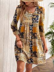  Boho Dress Floral Print Half Sleeve Round Neck Pleated Dress