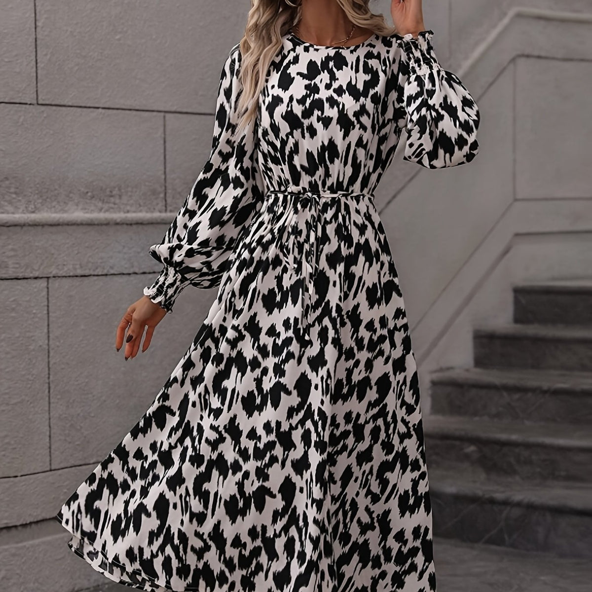 Leopard Print Crew Neck Dress Long Sleeve Dress