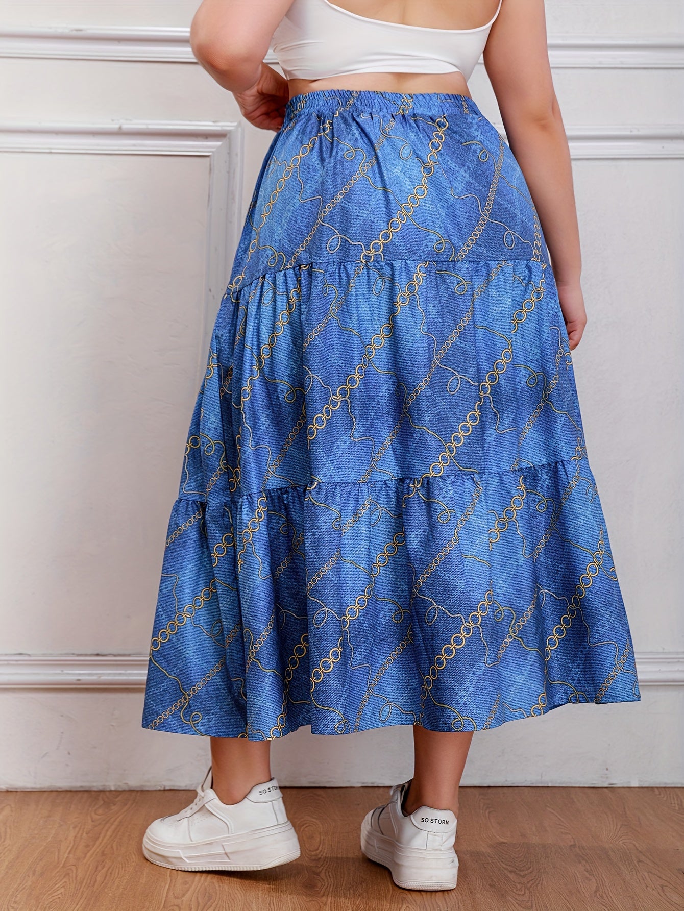 Casual Skirt Chain & Denim Print Drawstring Smock Maxi Skirt