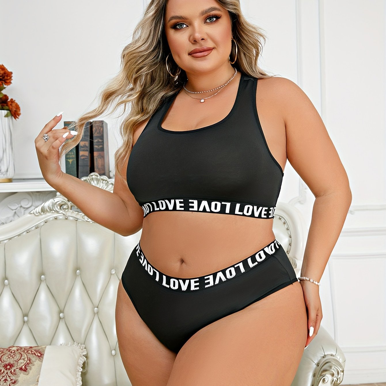 Casual Lingerie Set: Letter Tape Racer Back Bra & Underwear