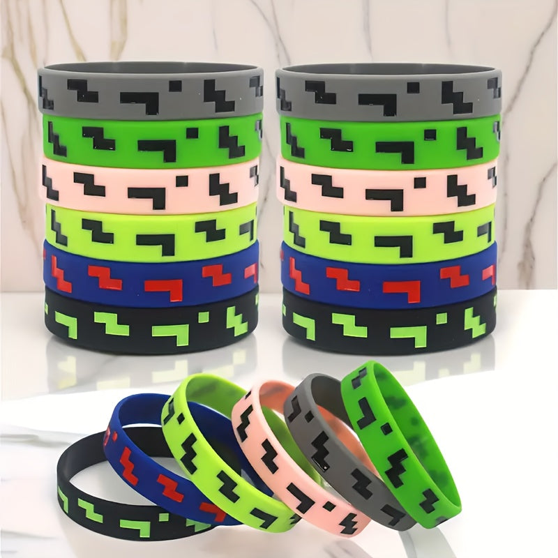 12pcs Pixel Theme Silicone Wristbands Printed Gaming Themed Silicone Bracelets