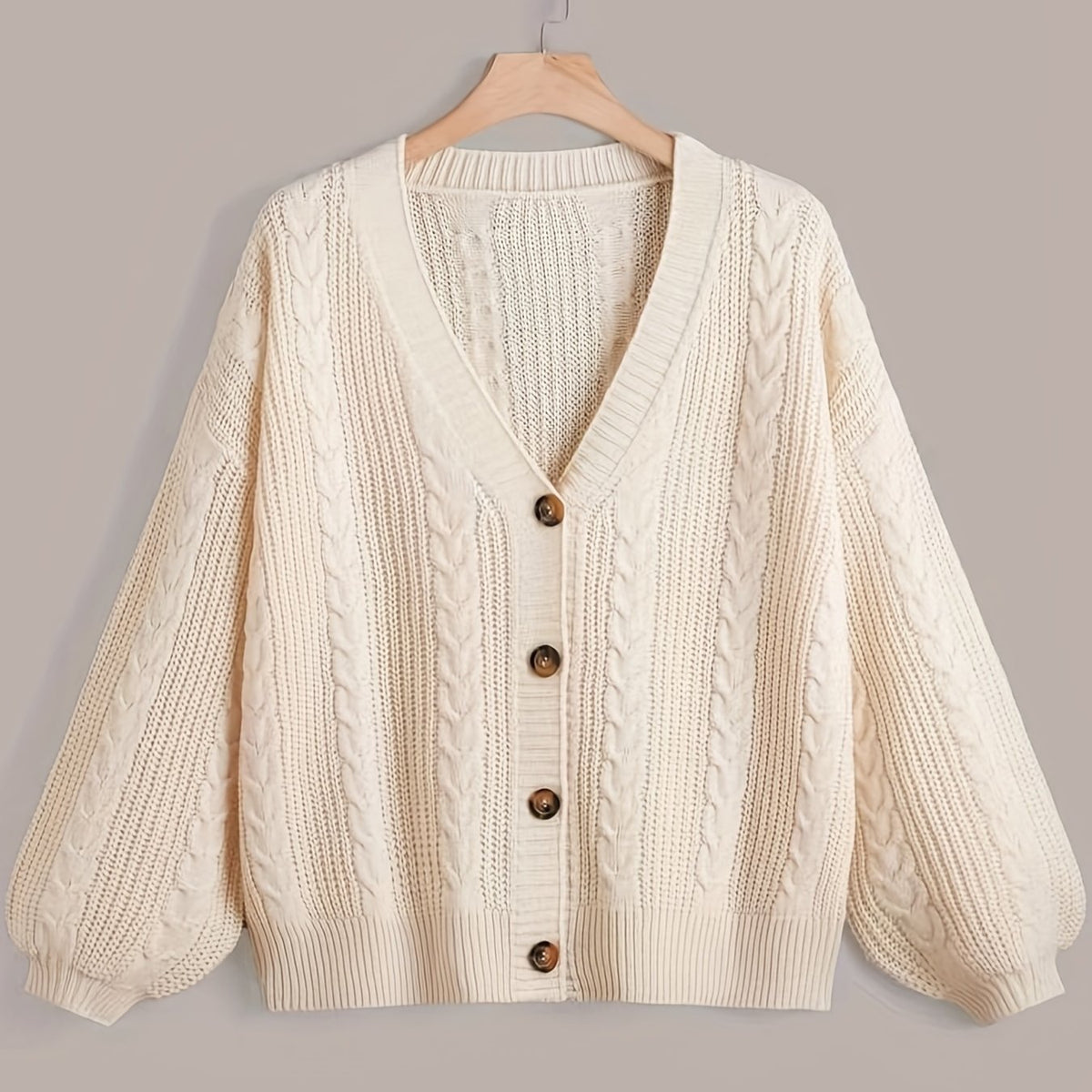  Solid Cable Button Up Lantern Sleeve Cardigan