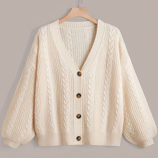  Solid Cable Button Up Lantern Sleeve Cardigan