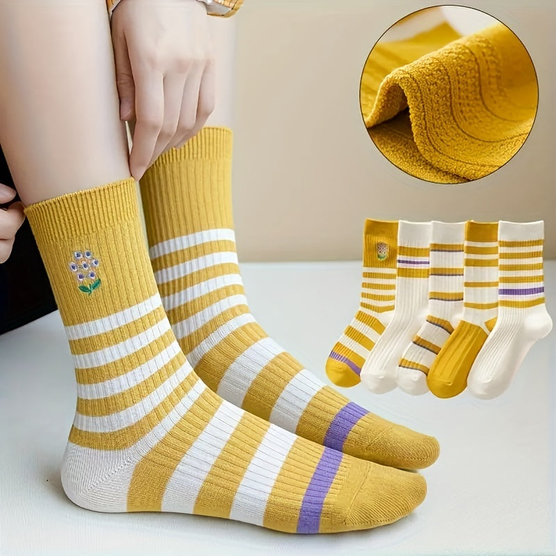 5 Pairs Striped Crew Socks Women's Stockings & Hosiery