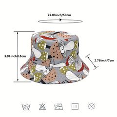Mushroom Print Bucket Hat Grey Reversible Sunscreen Basin Hat