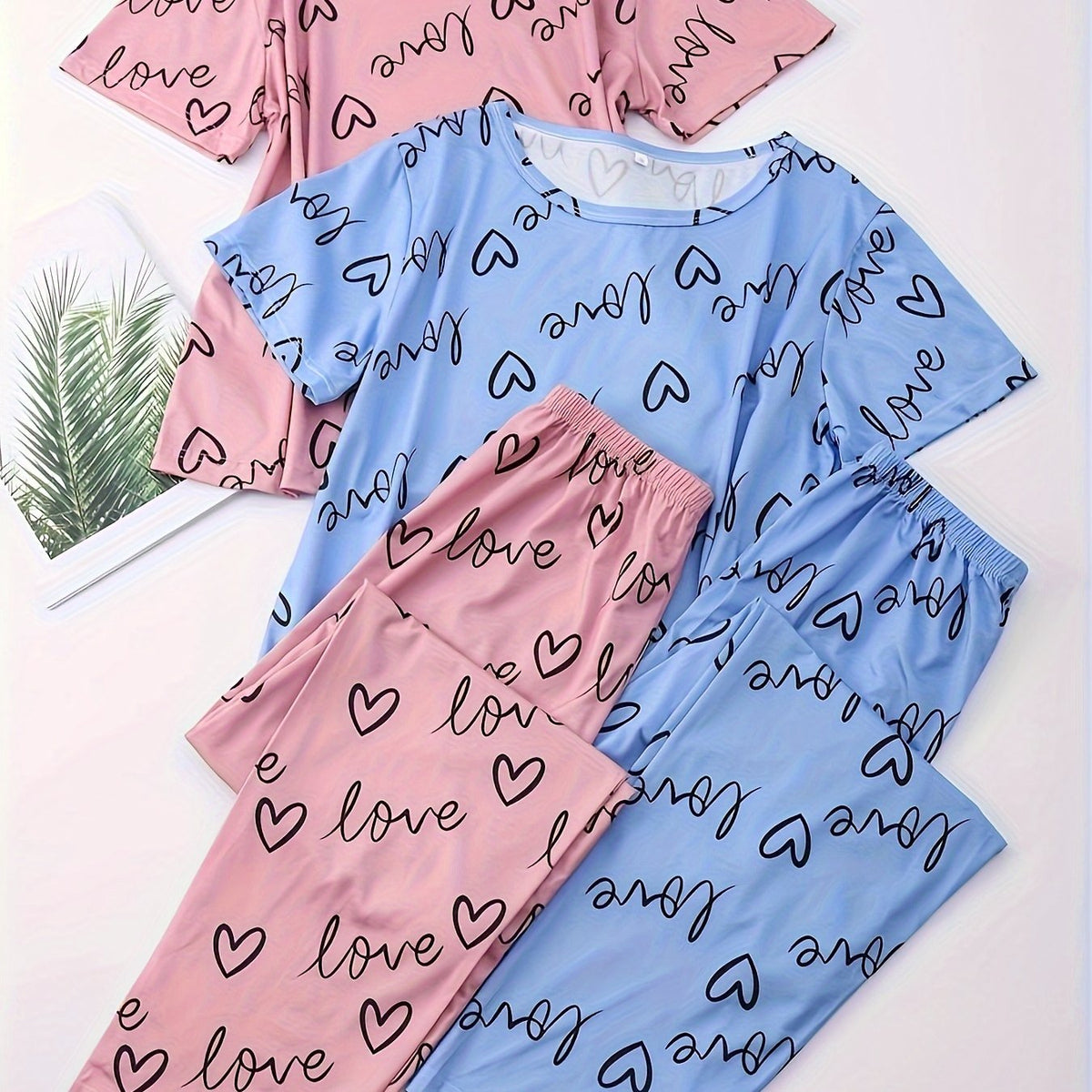 Heart Print Pajama Set Short Sleeve Crew Neck Top & Elastic Waistband Pants