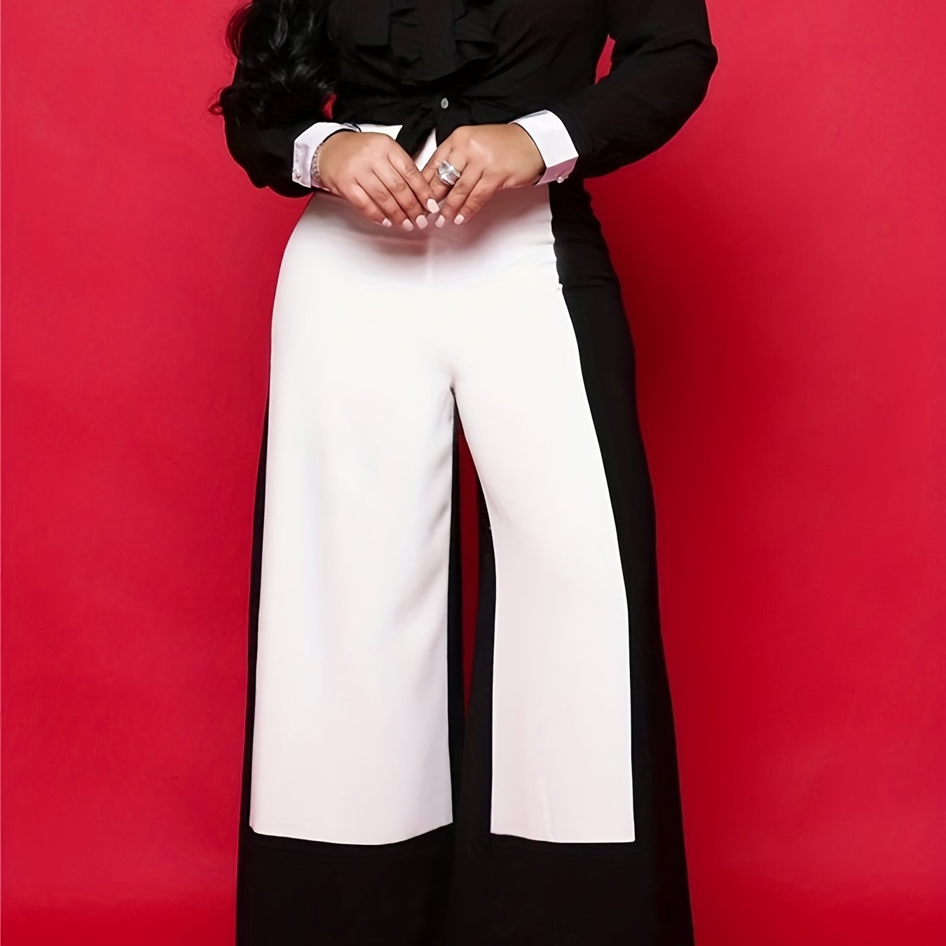  Colorblock Wide Leg Elastic Waist Pants
