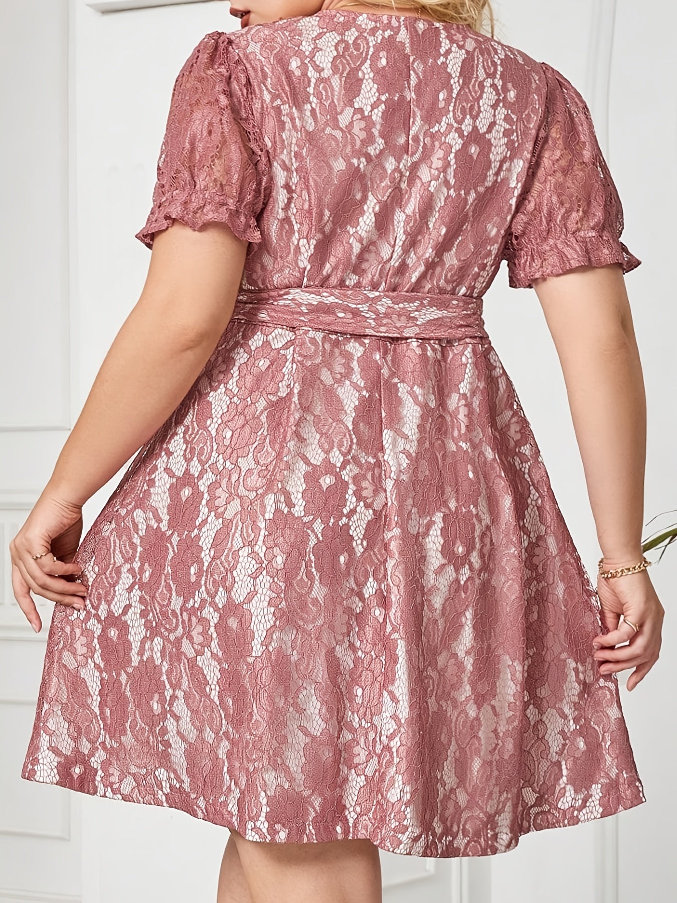  Solid Lace Puff Sleeve Mini Dress With Belt
