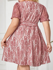  Solid Lace Puff Sleeve Mini Dress With Belt